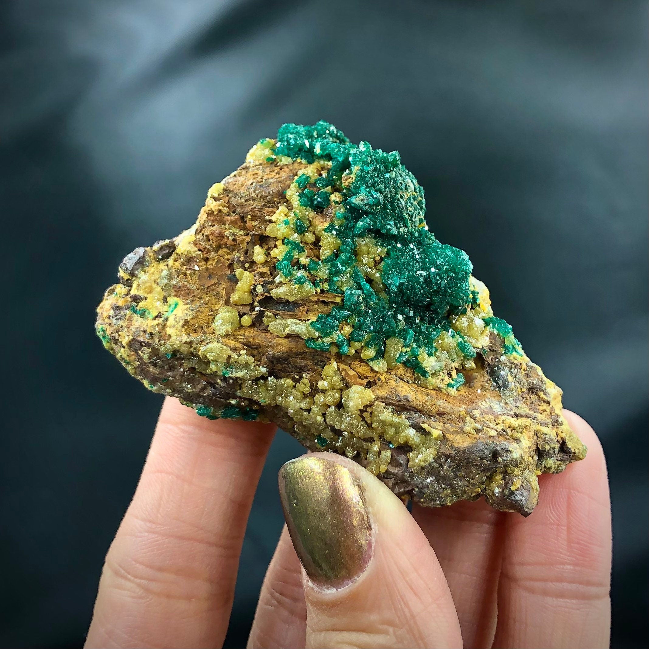 Dioptase Mimetite Cluster (Miniature)--N’tola, Mindouli, Congo A-E7