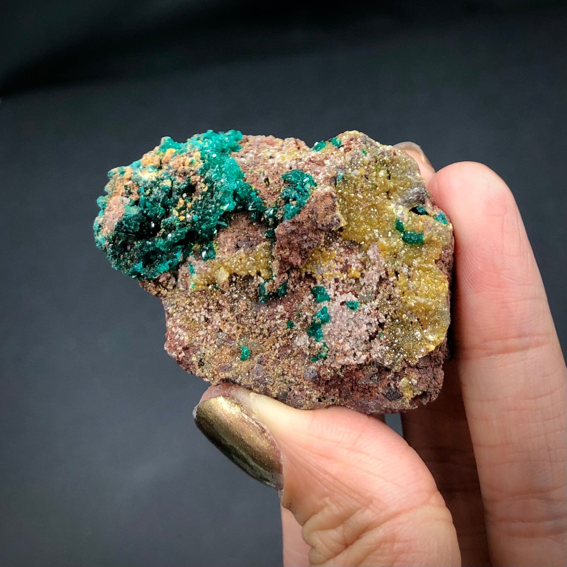 Dioptase Mimetite Cluster (Miniature)--N’tola, Mindouli, Congo A-E6