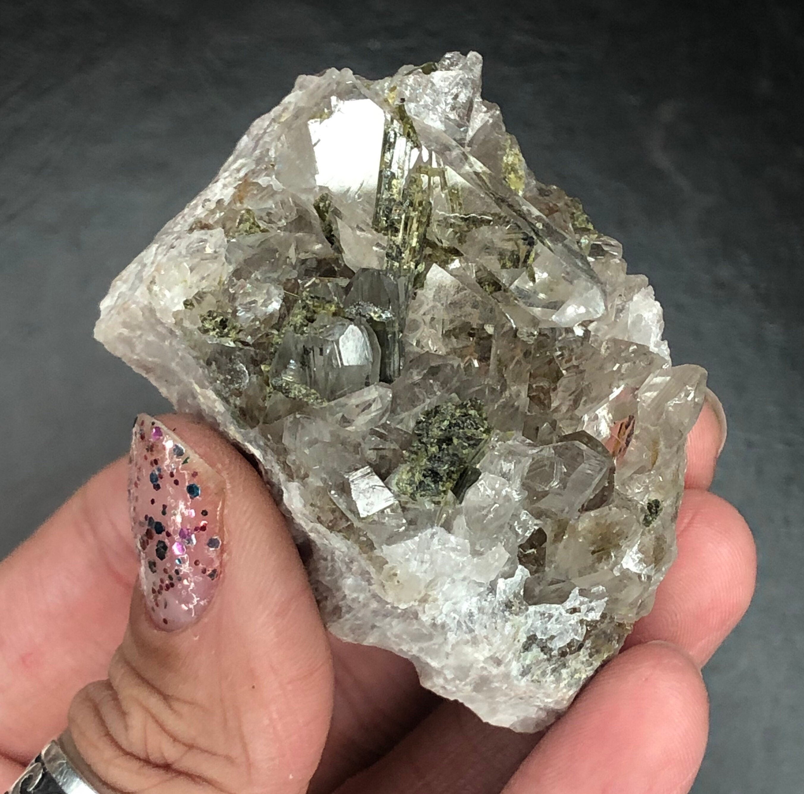 Epidote in Quartz Cluster (Miniature)--Araçuaí, Minas Gerais, Brazil A-E11