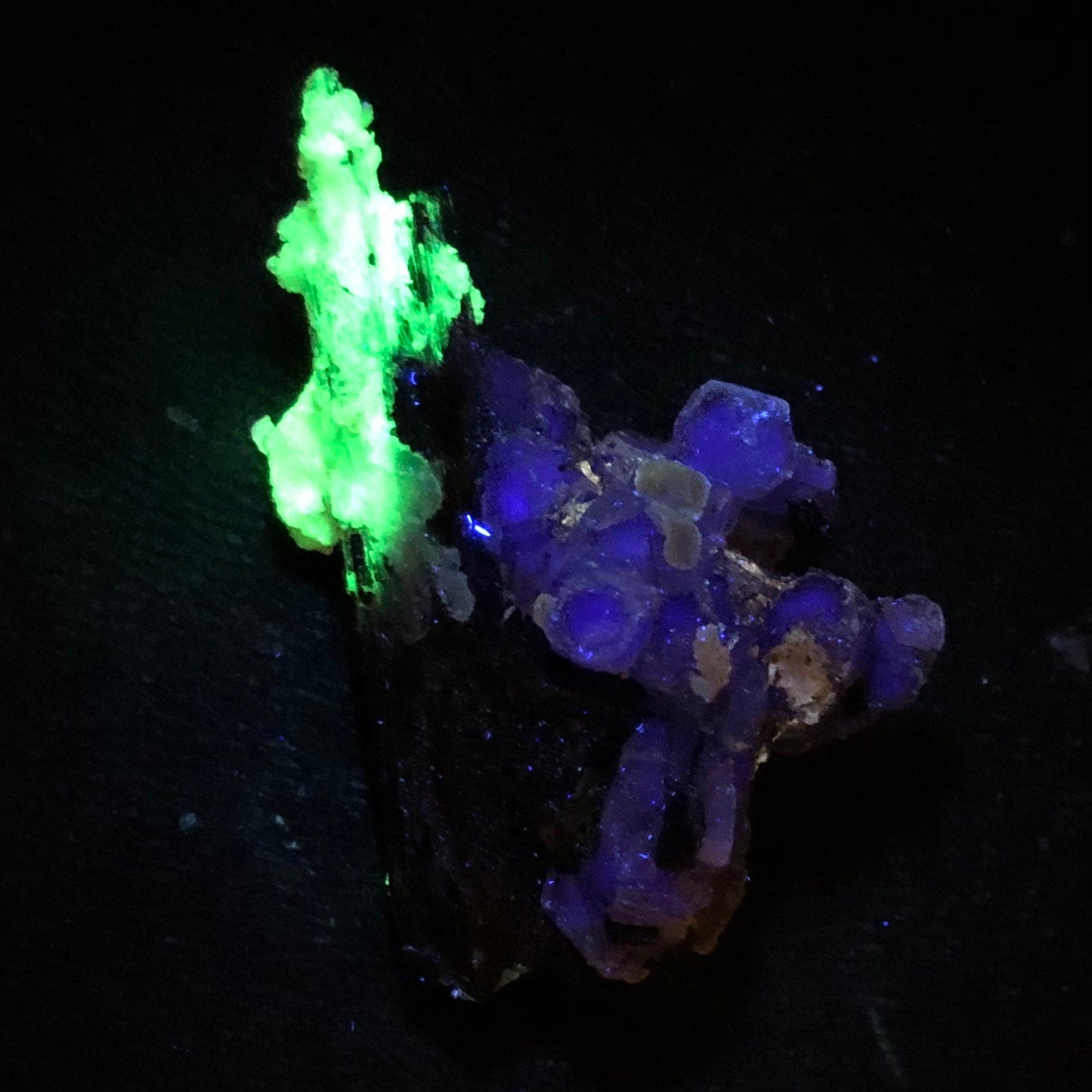 Black Tourmaline, Purple Fluorite & Hyalite Opal Cluster--Erongo, Namibia (FLUO1)