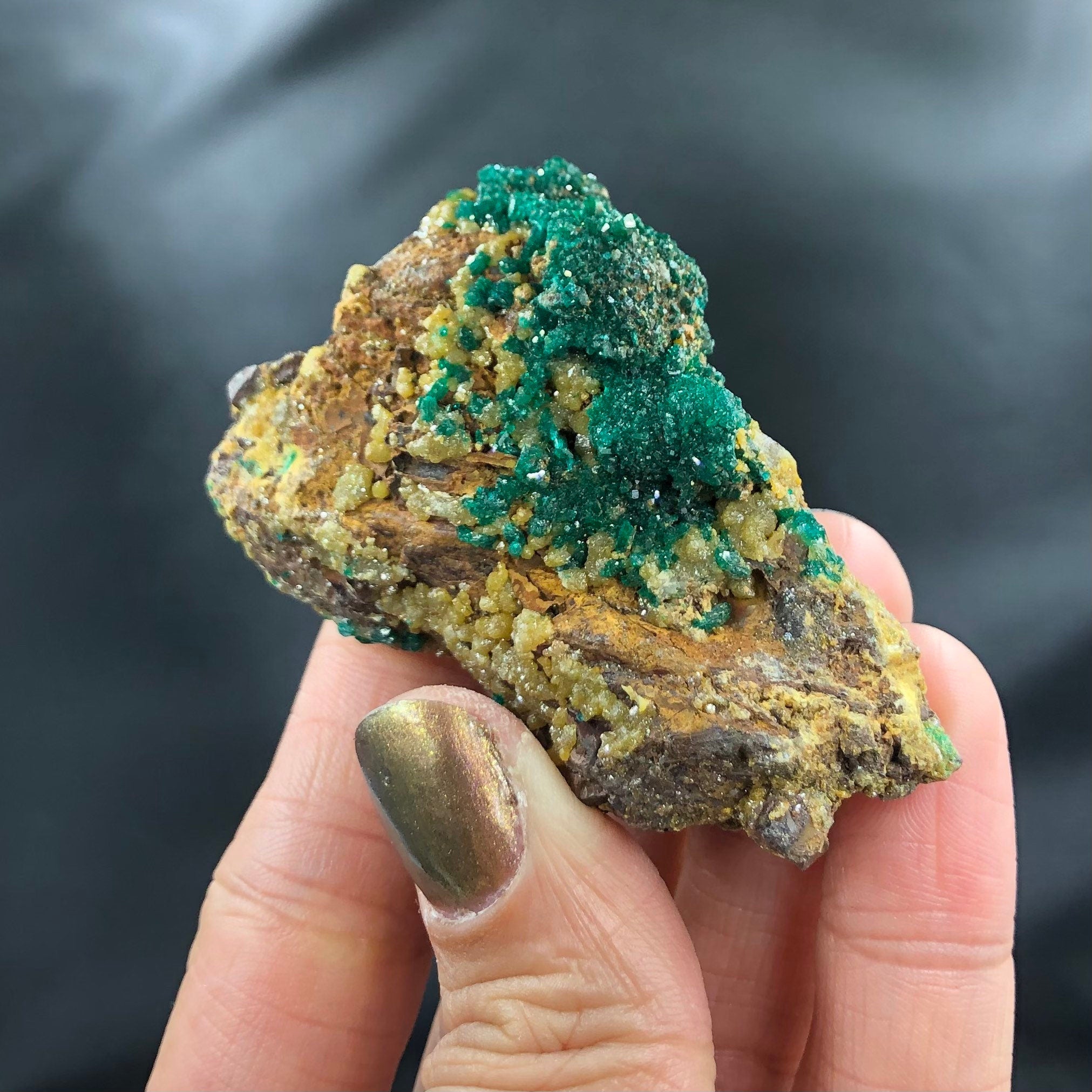 Dioptase Mimetite Cluster (Miniature)--N’tola, Mindouli, Congo A-E7