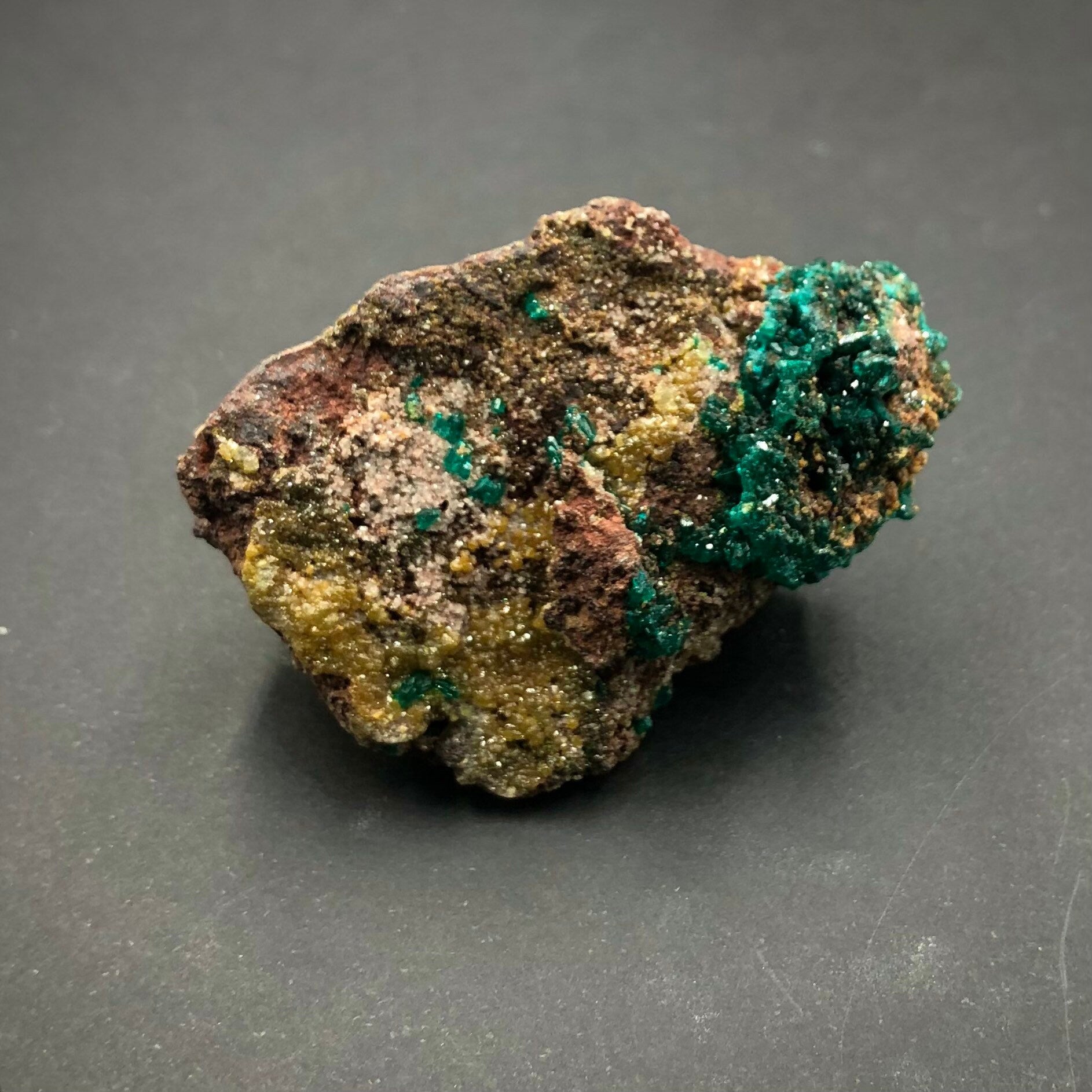Dioptase Mimetite Cluster (Miniature)--N’tola, Mindouli, Congo A-E6