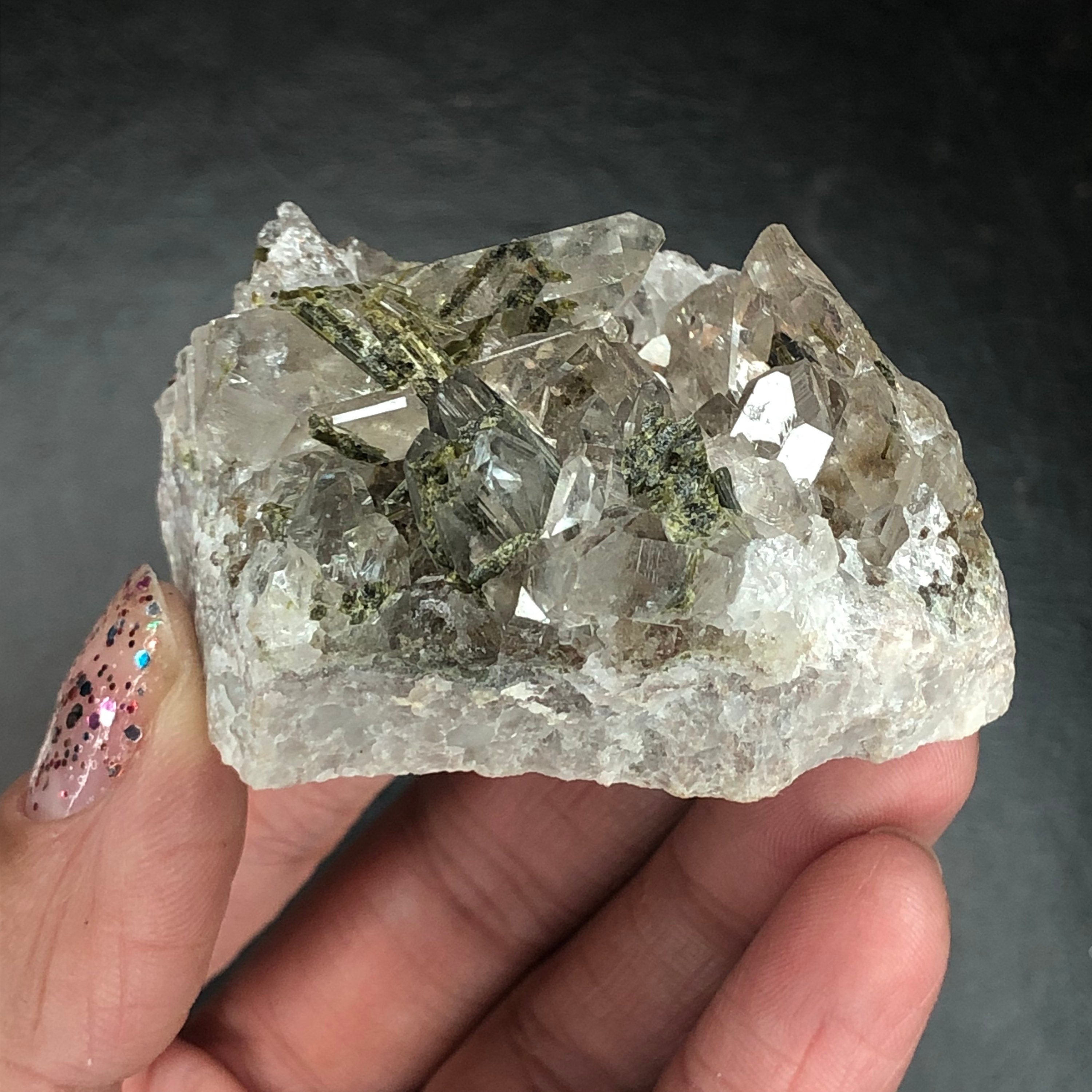 Epidote in Quartz Cluster (Miniature)--Araçuaí, Minas Gerais, Brazil A-E11