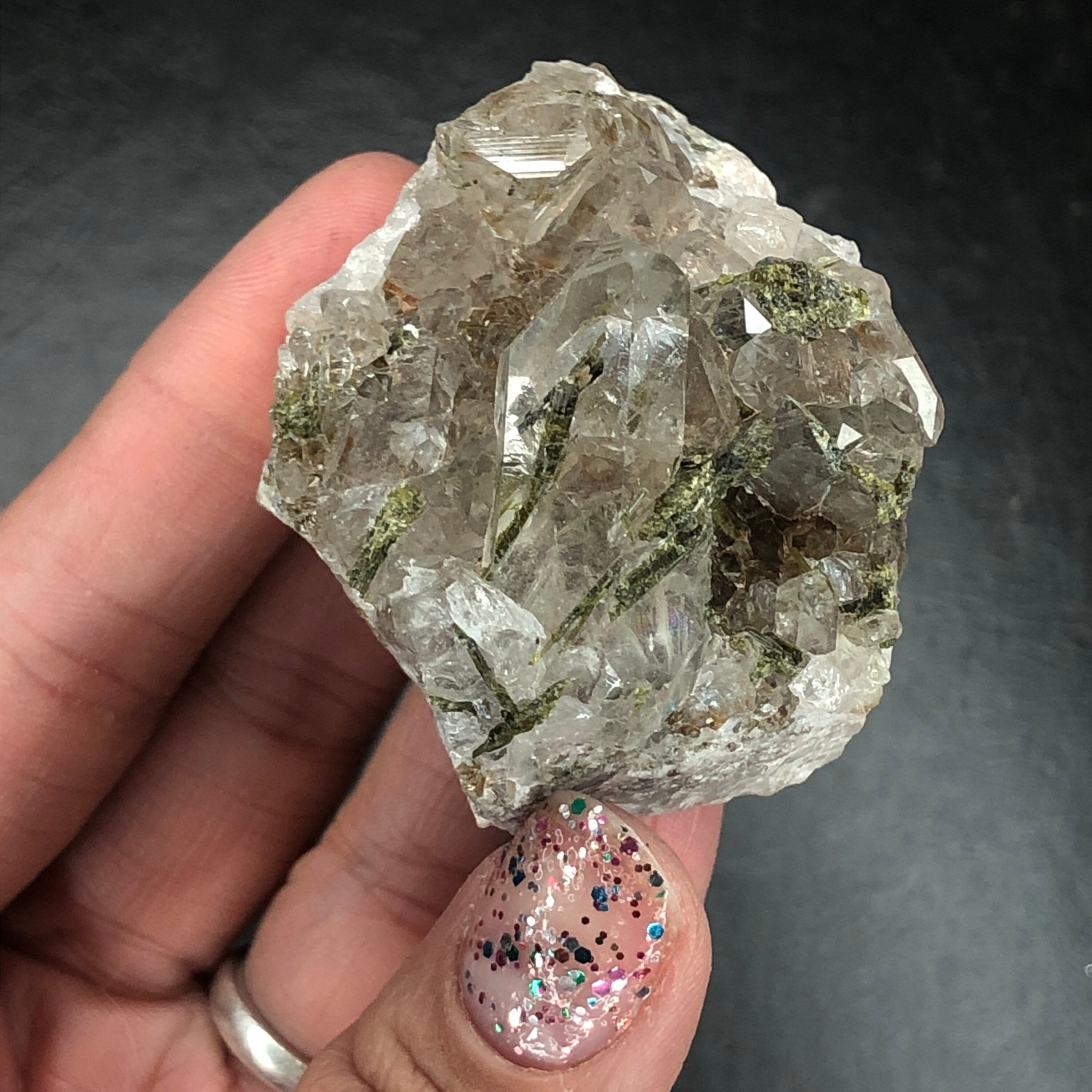 Epidote in Quartz Cluster (Miniature)--Araçuaí, Minas Gerais, Brazil A-E11