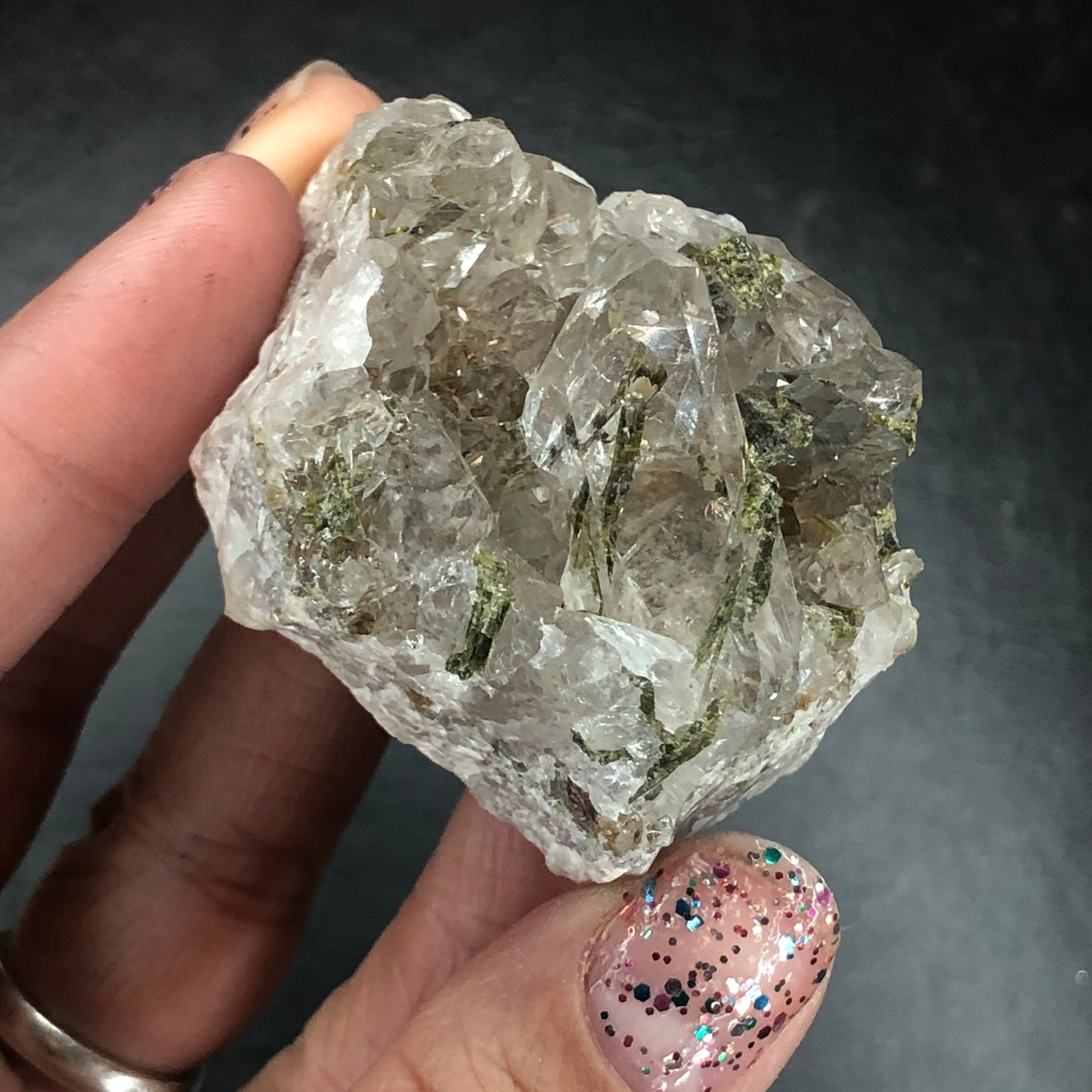 Epidote in Quartz Cluster (Miniature)--Araçuaí, Minas Gerais, Brazil A-E11
