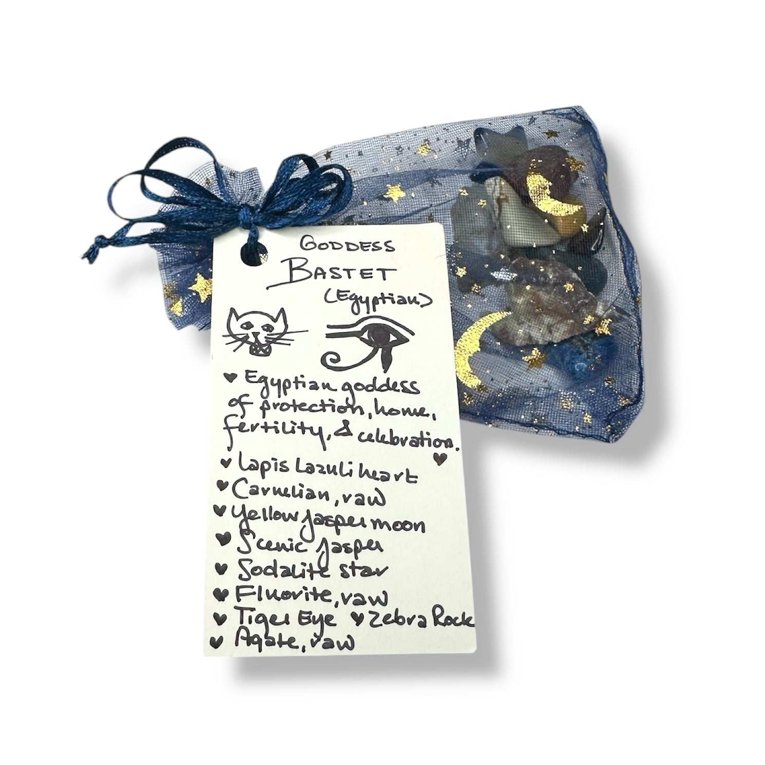 Goddess Bastet: Crystal & Gemstone Set, Blue Celestial Gift Bag