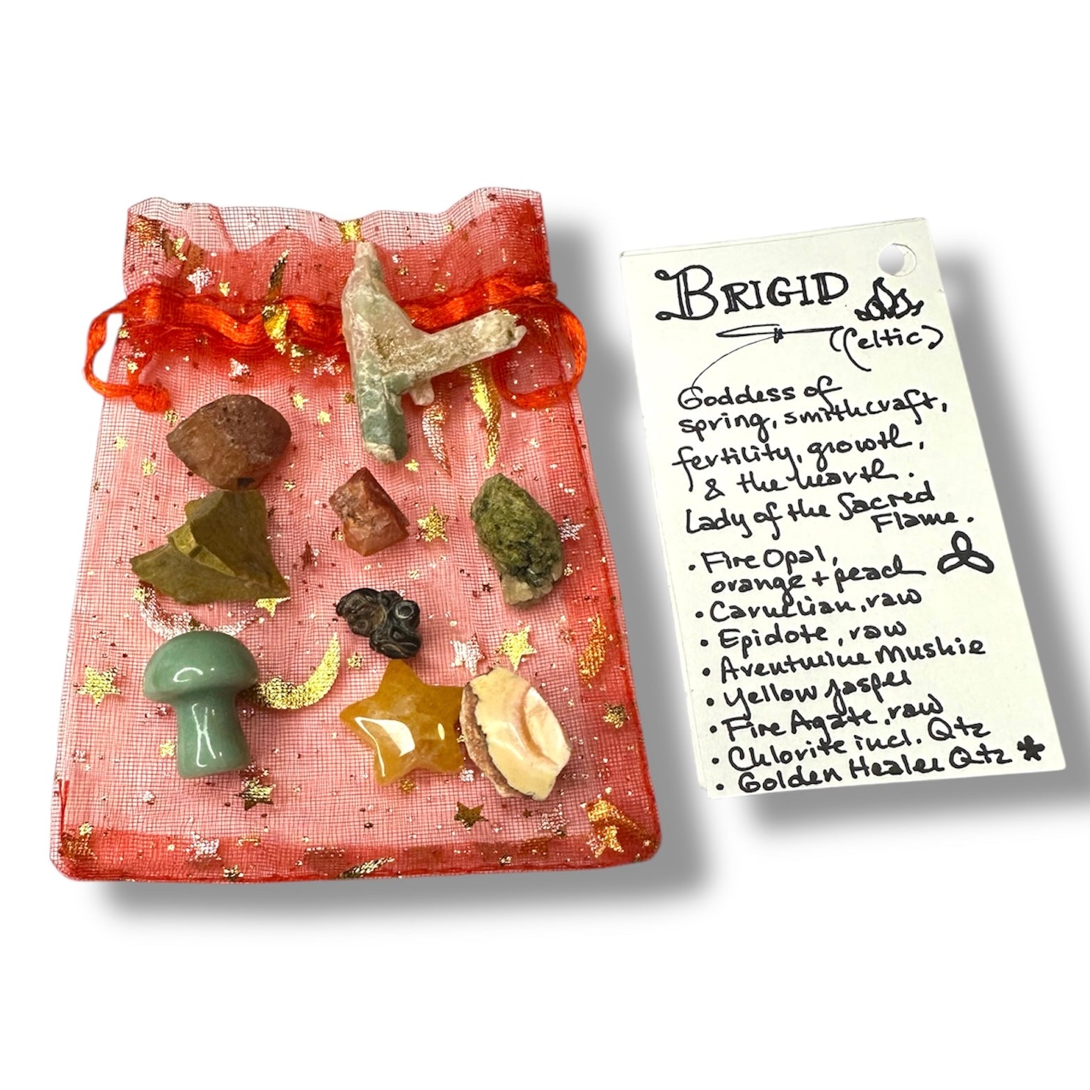 Goddess Brigid: Crystal & Gemstone Set, Red Celestial Gift Bag