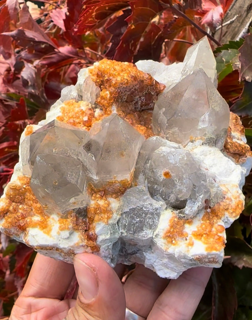 Spessartine Orange Garnet, Smoky Quartz, Microcline — Tongbei, Fujian, China