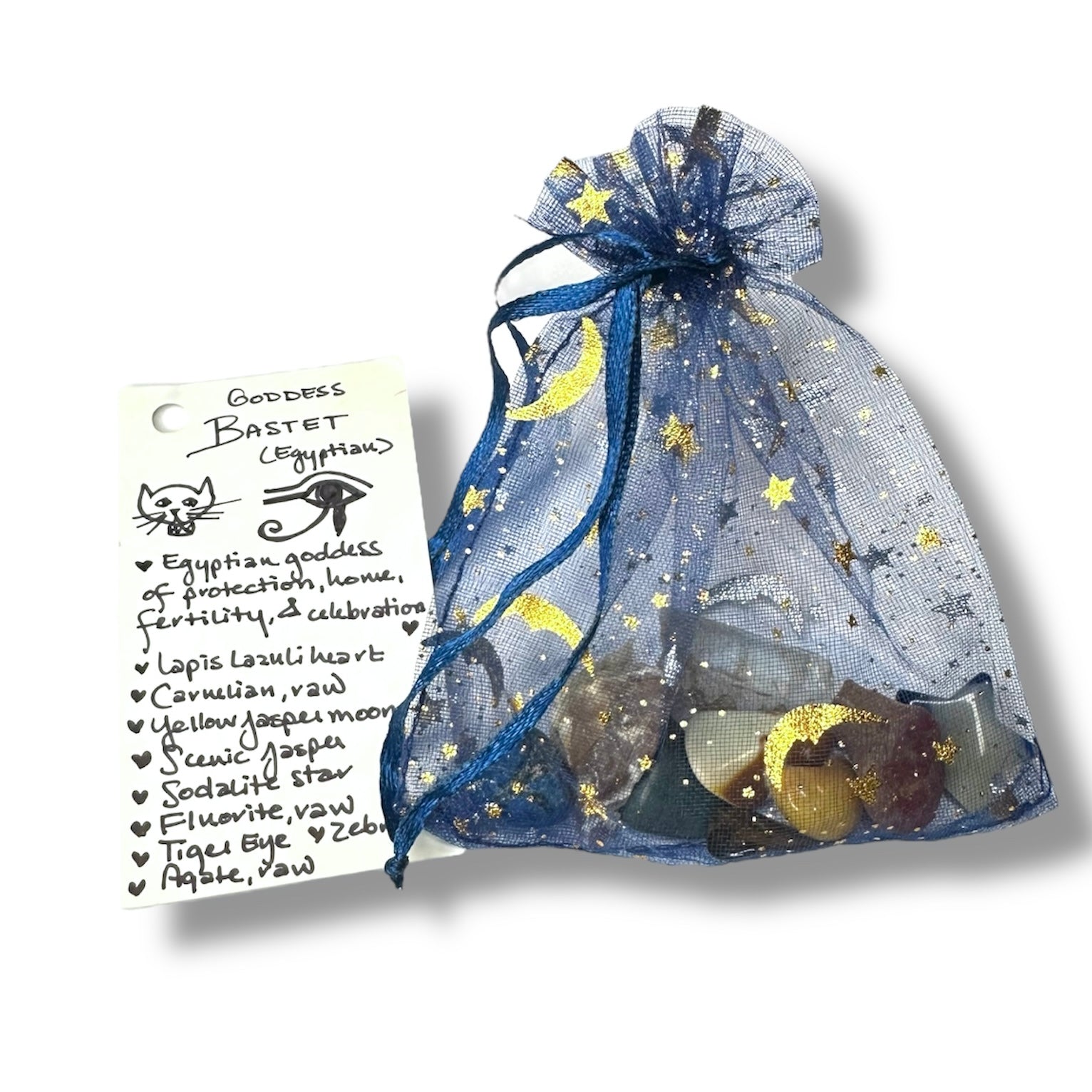 Goddess Bastet: Crystal & Gemstone Set, Blue Celestial Gift Bag