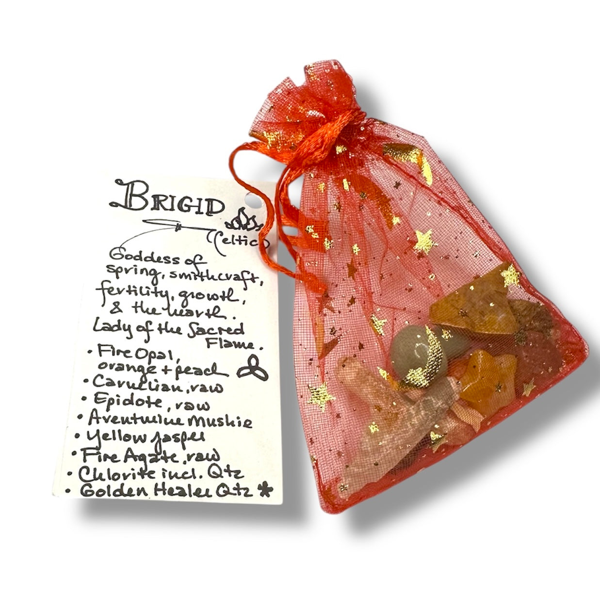 Goddess Brigid: Crystal & Gemstone Set, Red Celestial Gift Bag