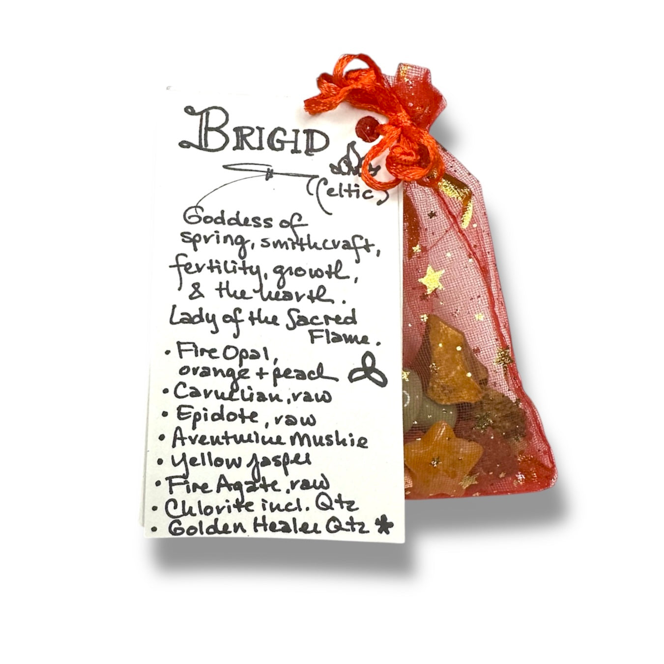 Goddess Brigid: Crystal & Gemstone Set, Red Celestial Gift Bag