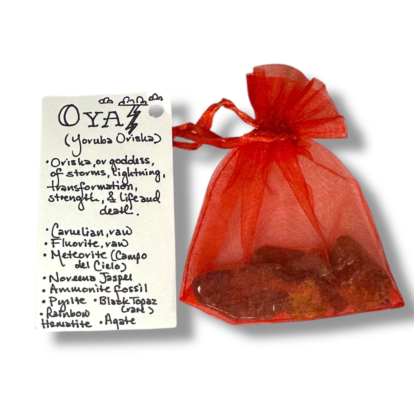 Orisha Goddess Oya: Crystal & Gemstone Set, Red Gift Bag