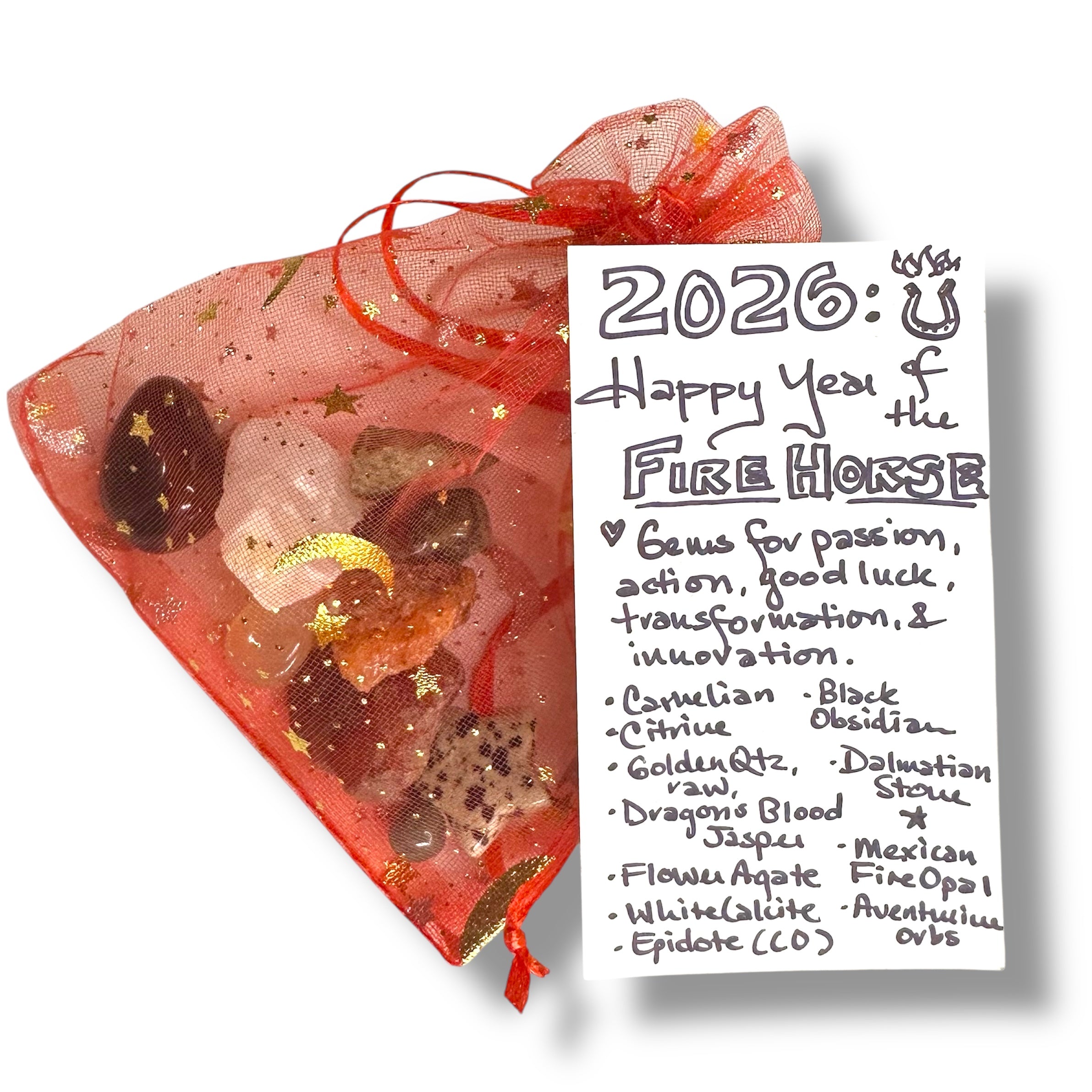 2026 Fire Horse Lunar New Year (Chinese Zodiac) Crystal & Gemstone Gift Set C, Red Bag