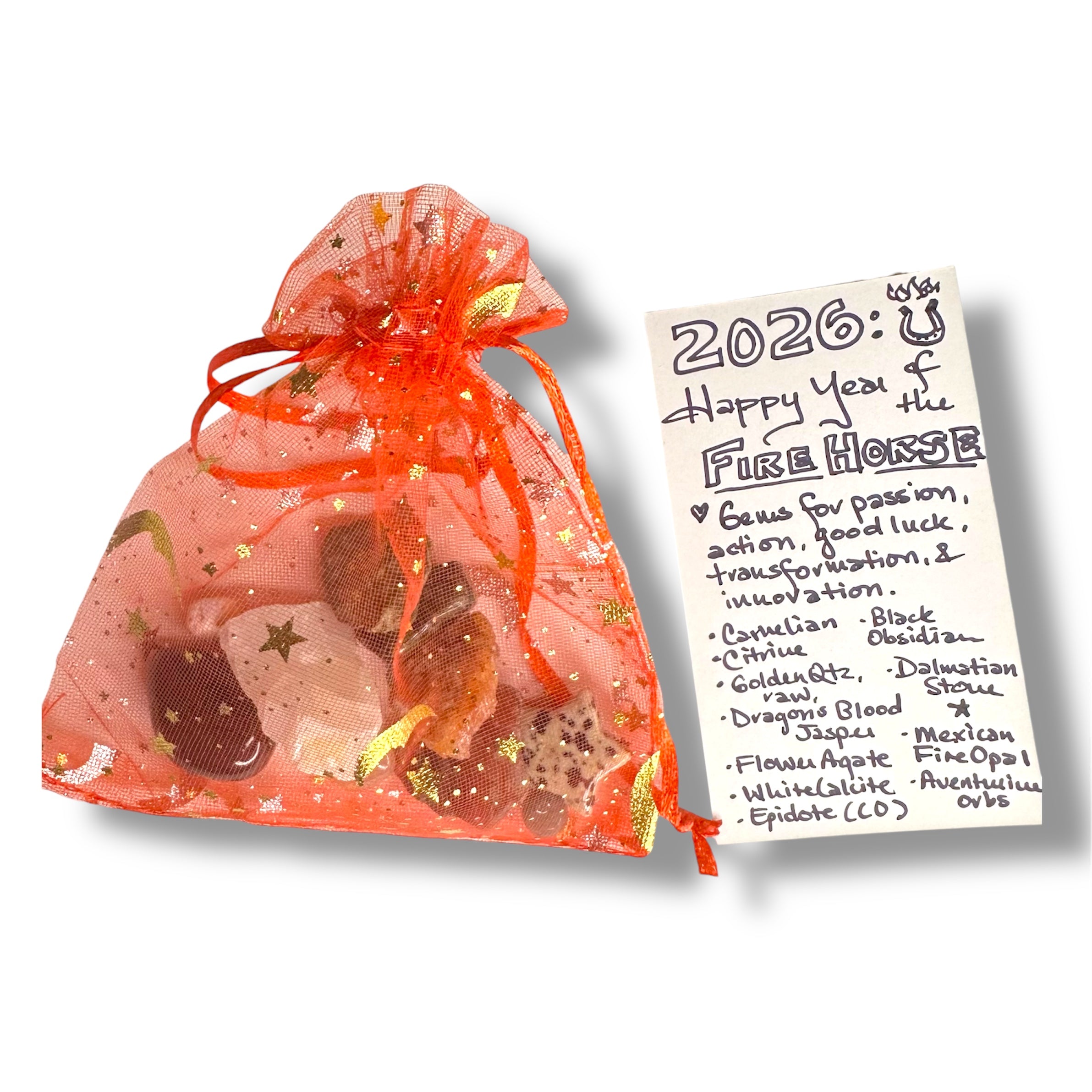 2026 Fire Horse Lunar New Year (Chinese Zodiac) Crystal & Gemstone Gift Set C, Red Bag