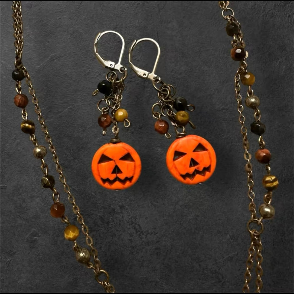 Jack-o-Lantern Jewelry Set B: Gemstone Bead, Antique Brass Chain, Stainless Steel