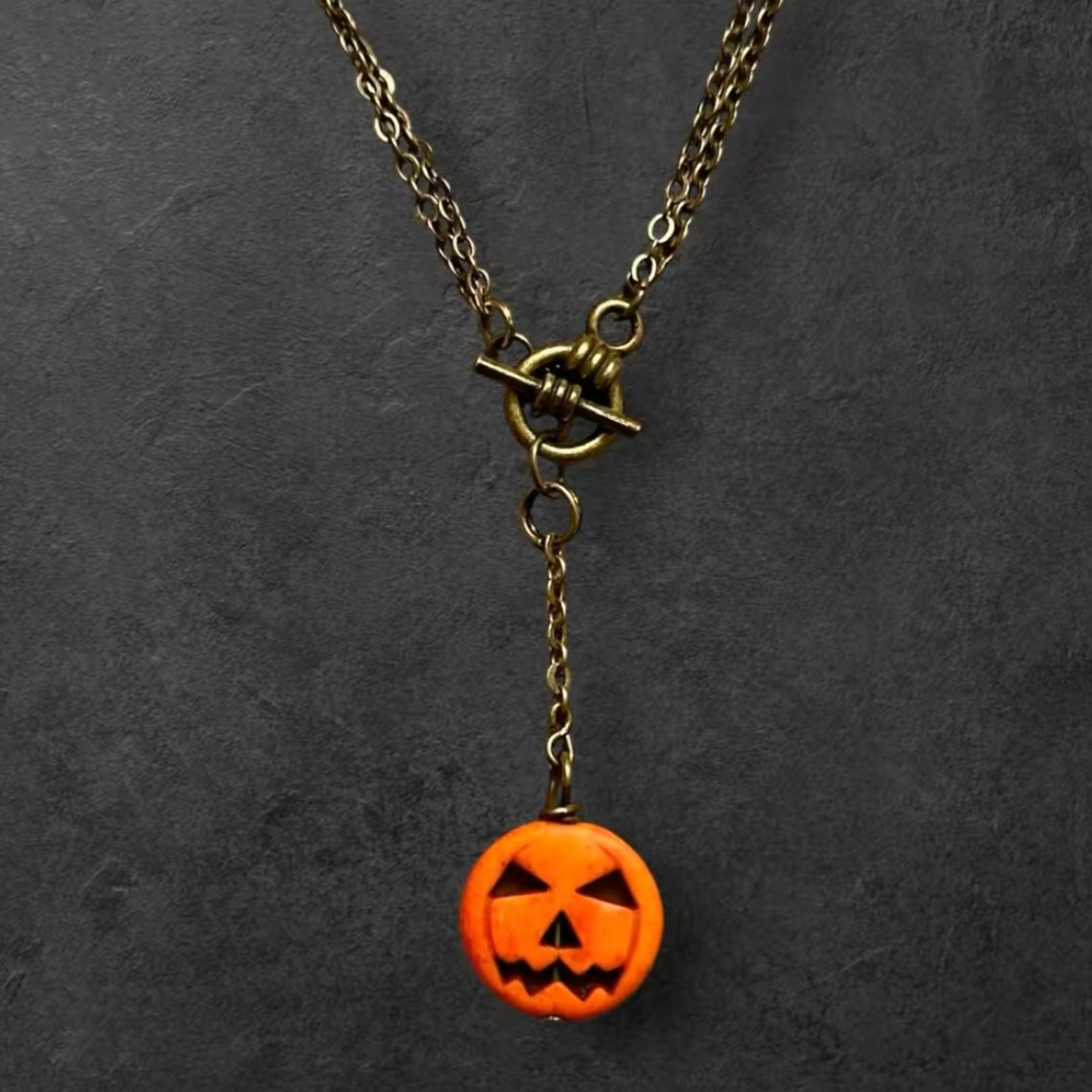 Jack-o-Lantern Jewelry Set B: Gemstone Bead, Antique Brass Chain, Stainless Steel