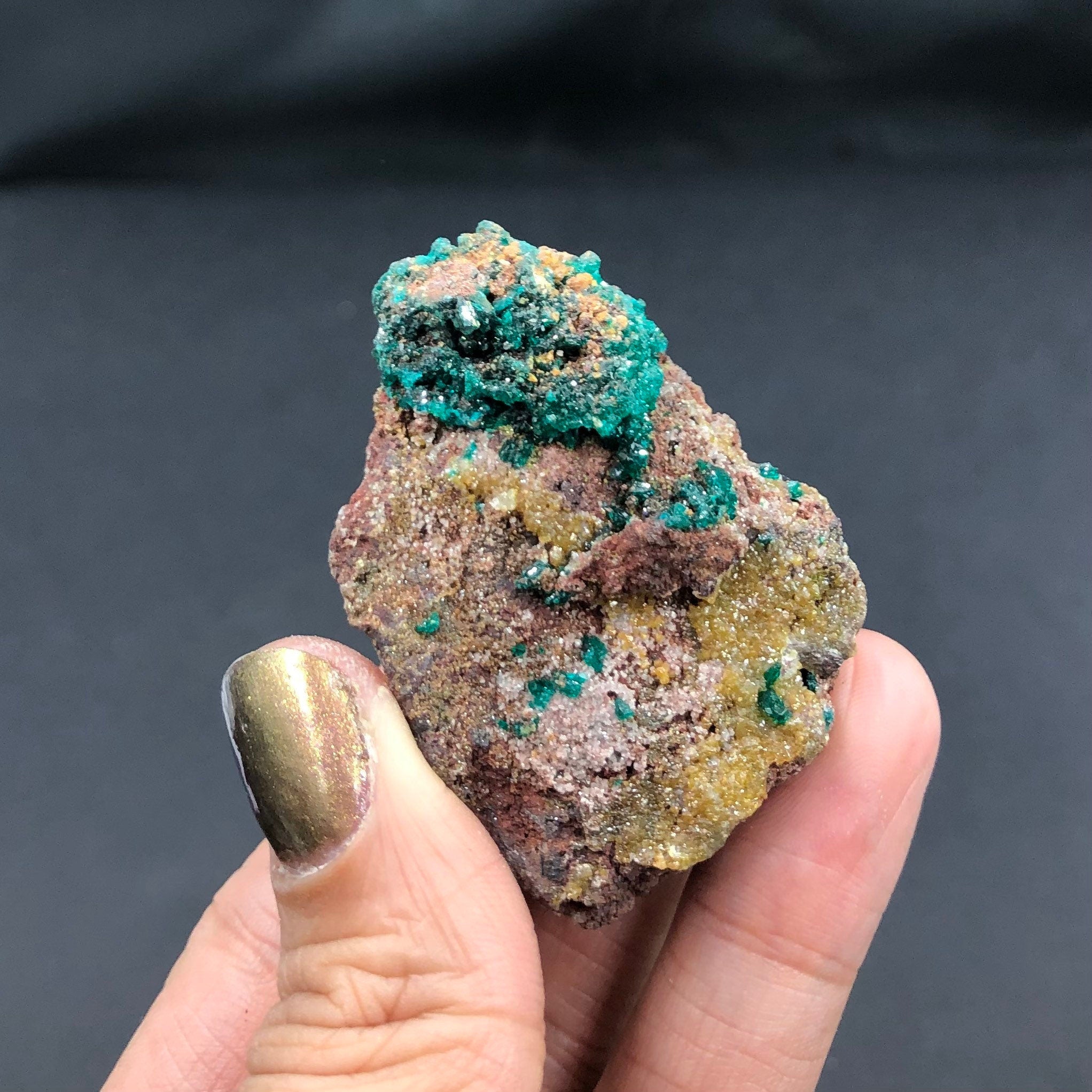 Dioptase Mimetite Cluster (Miniature)--N’tola, Mindouli, Congo A-E6