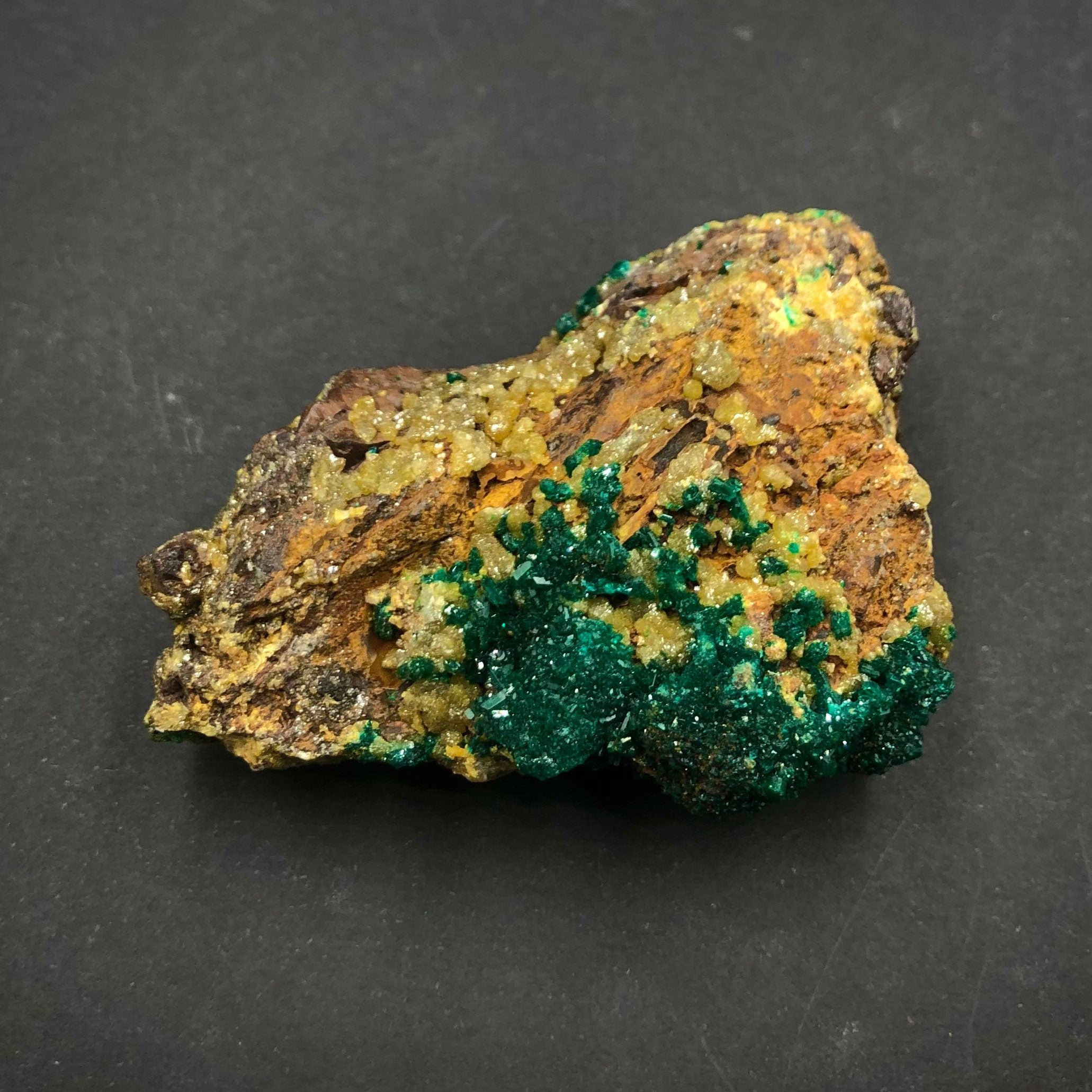 Dioptase Mimetite Cluster (Miniature)--N’tola, Mindouli, Congo A-E7